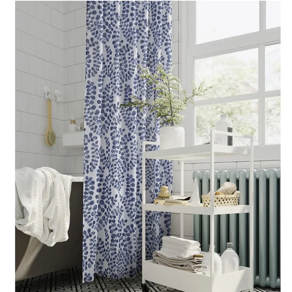 Blue Leaf Pattern Shower Curtain - White and Blue